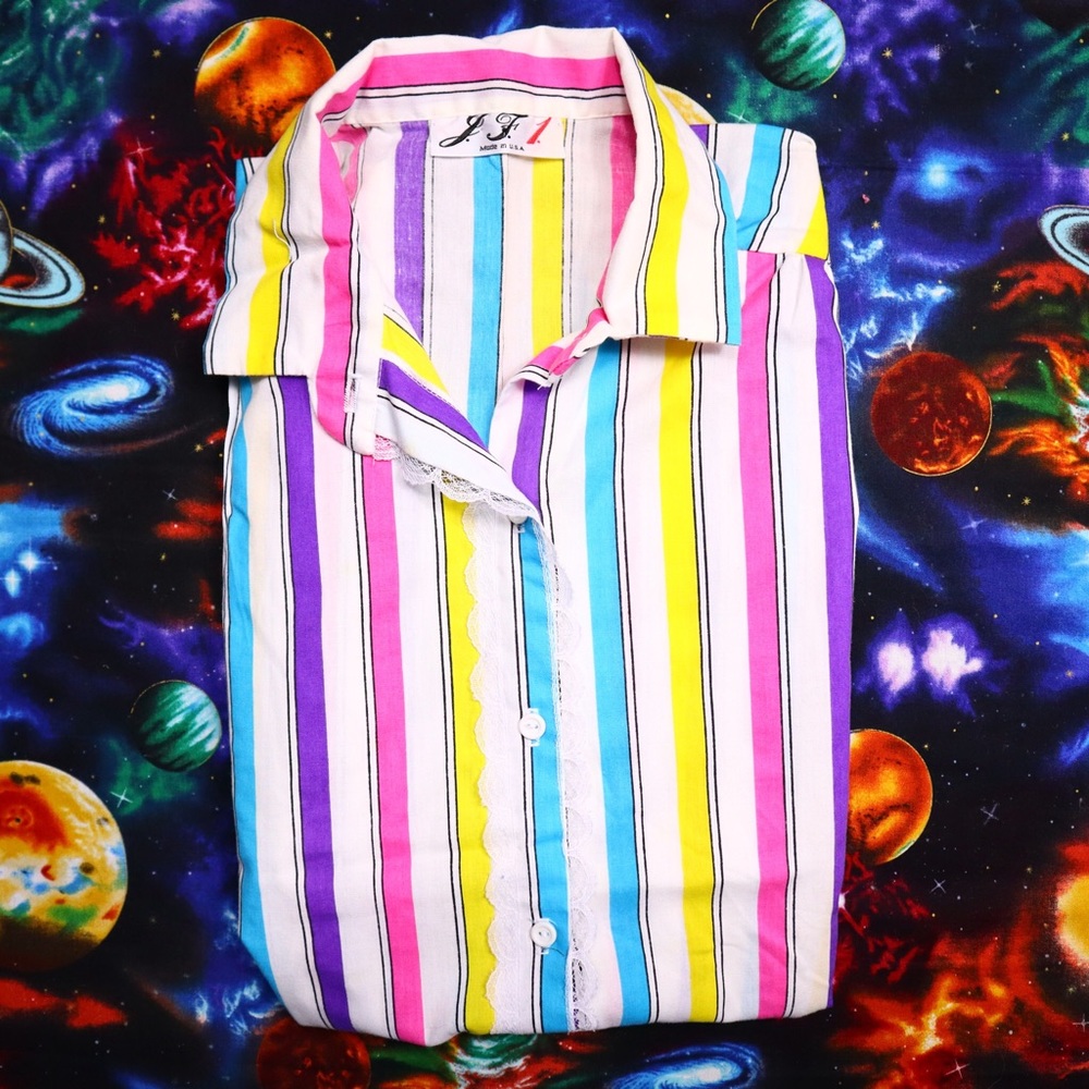 Vtg 80s Striped Button Up Womens Top L